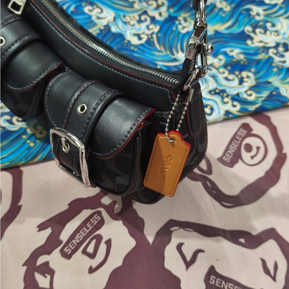 Coach Black Signature Canvas Shoulder Bag with Buckle Pockets - Picture 2 of 14